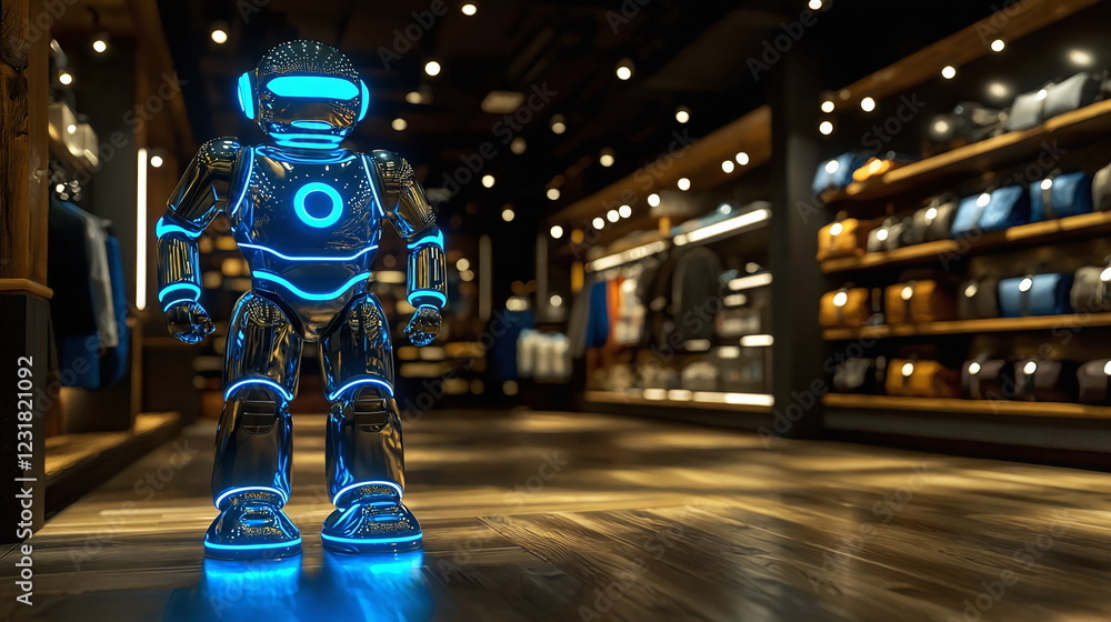 Obraz premium Lifelike robot standing in modern retail store with shelves full of clothes and a warm ambient atmosphere illuminated by soft lights.
