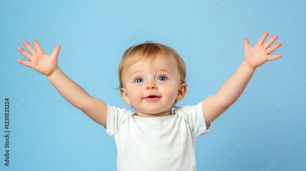 Happy Baby Boy with Arms Raised Against a Blue Background Happy Baby Boy with Arms Raised Against a Blue Background