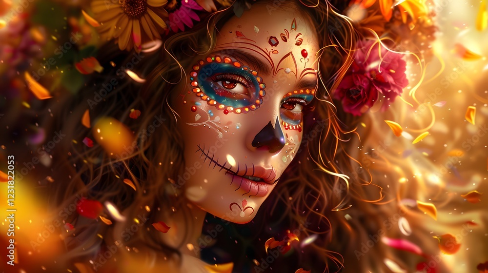 A beautiful woman with intricate sugar skull face paint to prepare for the Day of the Dead. vibrant floral decorations, capturing the spirit of Dia de los Muertos with artistic elegance. A beautiful woman with intricate sugar skull face paint to prepare for the Day of the Dead. vibrant floral decorations, capturing the spirit of Dia de los Muertos with artistic elegance.