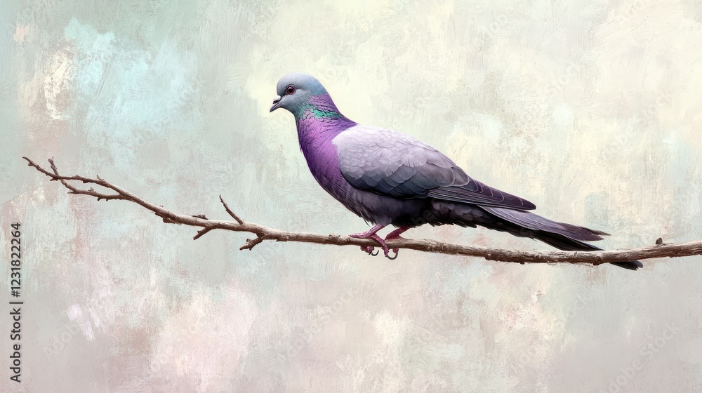 Fototapeta premium Purple dove perched on branch, pastel background, nature art, print
