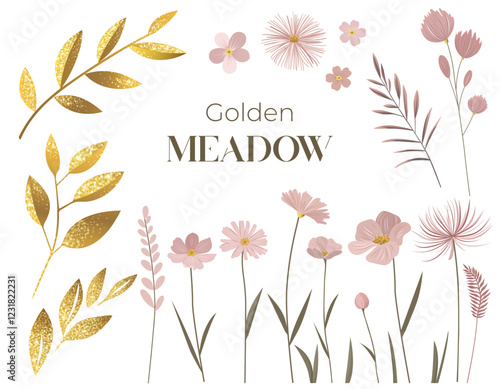 Gentle pink flowers with shining golden leaves. Meadow botanical set for wedding, birthday greeting cards. Gold colored delicate wild flowers.