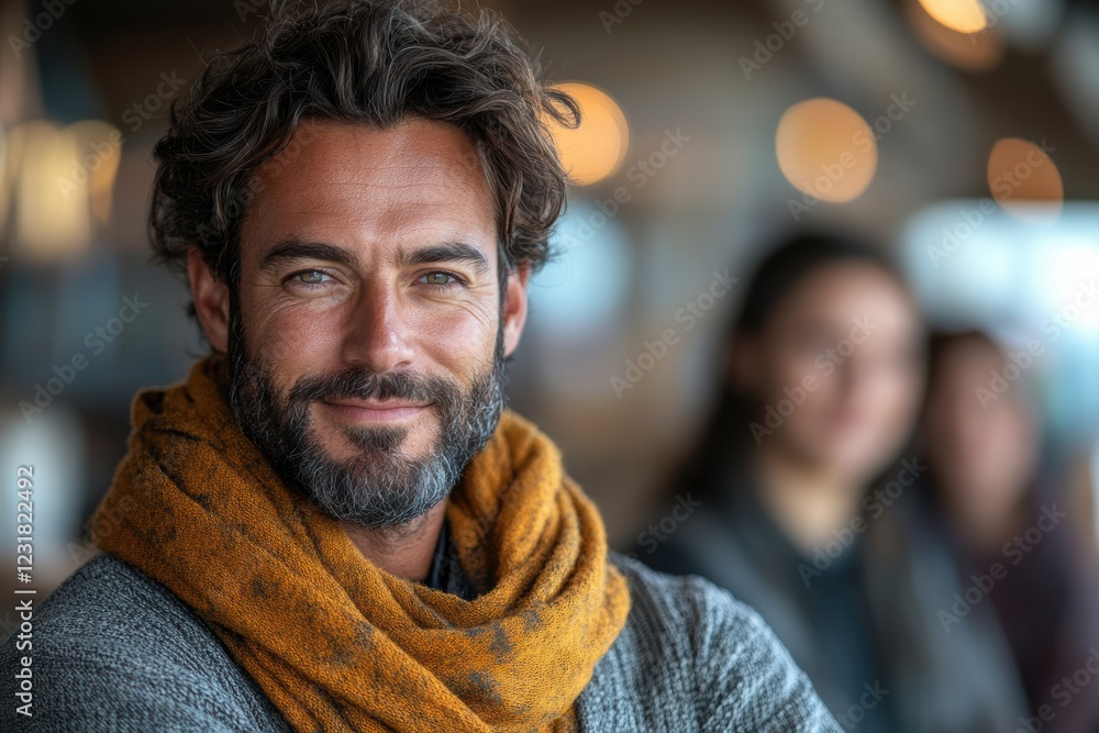 Fototapeta premium A confident man with a warm smile, wearing a cozy scarf, exuding a relaxed vibe in a modern setting. Ideal for lifestyle and personal branding imagery.