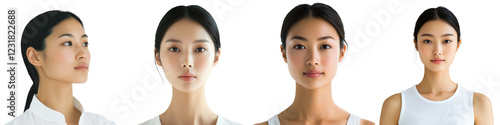 Elegant and captivating portrait of a young Asian woman with flawless skin and natural makeup in a clean minimal white studio setting  This digital image exudes a sense of confidence
