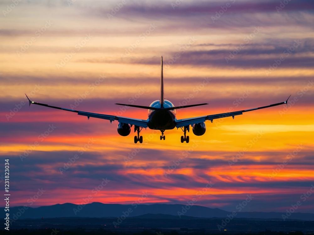 Airplane Taking Off Or Approaching Landing Against Dramatic Sunset Over the Mountains Airplane Taking Off Or Approaching Landing Against Dramatic Sunset Over the Mountains