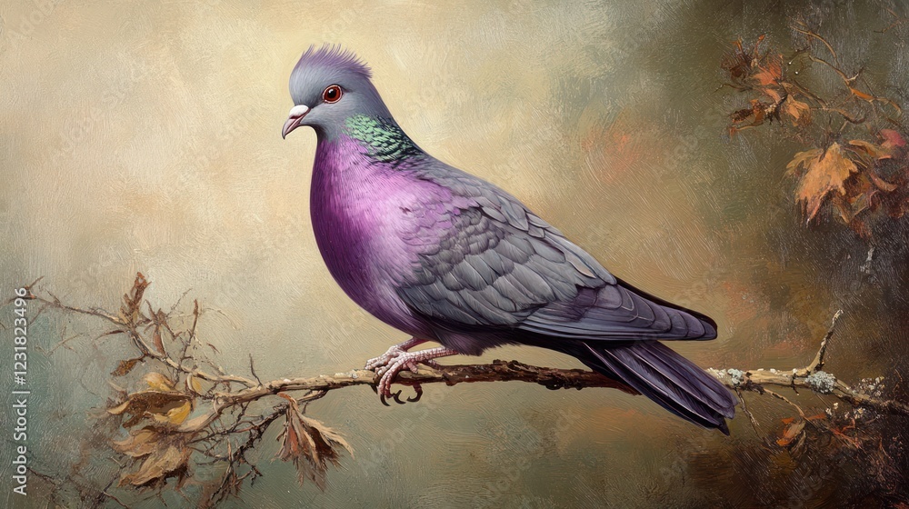 Purple wood pigeon perched on branch, autumn leaves background, nature artwork, wildlife illustration Purple wood pigeon perched on branch, autumn leaves background, nature artwork, wildlife illustration