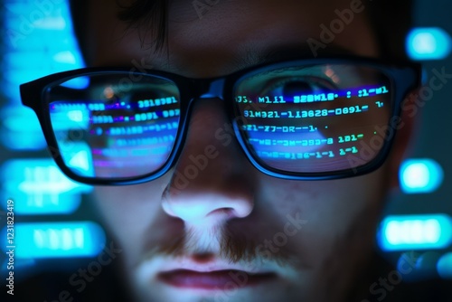 Wallpaper Mural Portrait of Startup Digital Entrepreneur Working on Computer, Line of Code Projected on Face and Reflecting in His Glasses. Neural network ai generated Torontodigital.ca