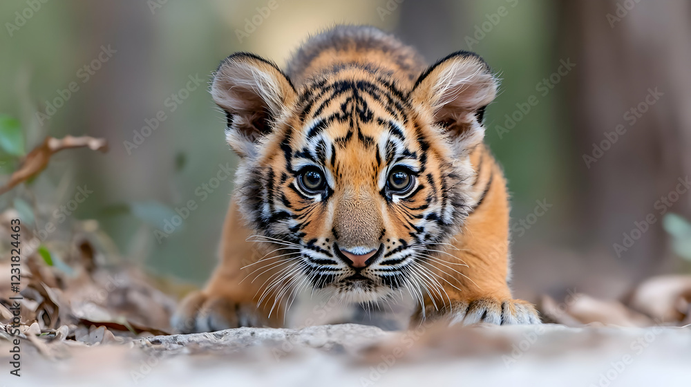 Obraz premium Cute tiger cub, forest habitat, wildlife, nature background, conservation poster