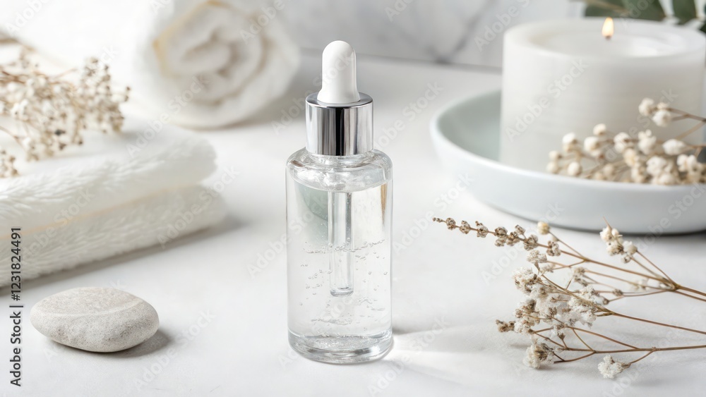 Dropper bottle with clear liquid and decorative items Dropper bottle with clear liquid and decorative items