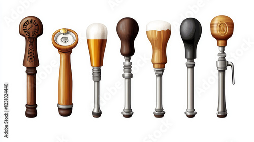 Beer taps with wooden handles, bar or pub equipment, brew machine faucets. Set of vintage metal beer taps isolated on transparent background, vector realistic illustration