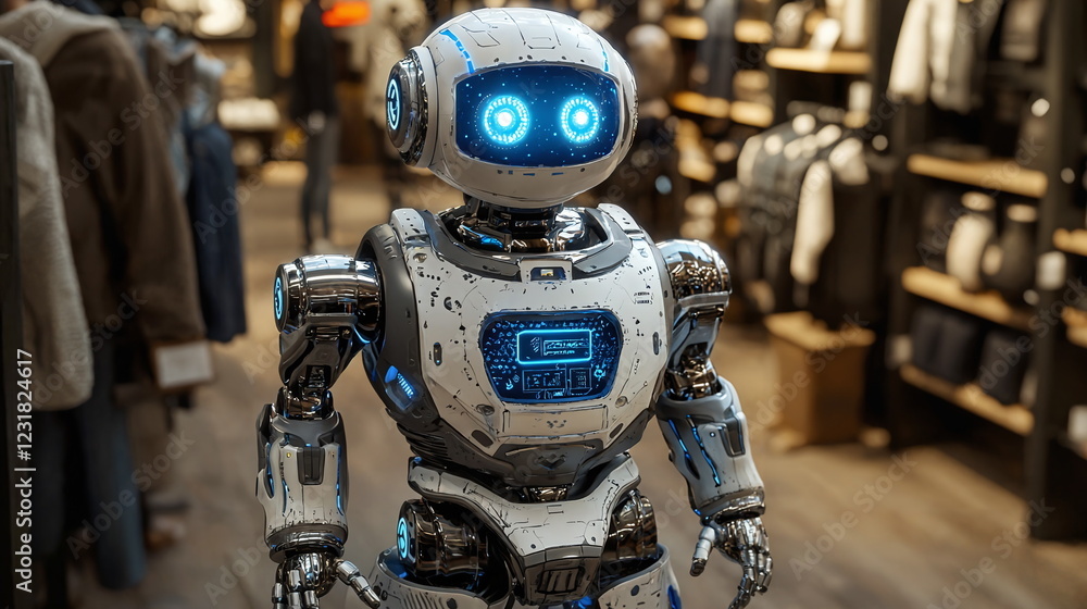 Robot standing in a modern retail store showcasing various items on shelves with a futuristic design in a well-lit environment. Robot standing in a modern retail store showcasing various items on shelves with a futuristic design in a well-lit environment.