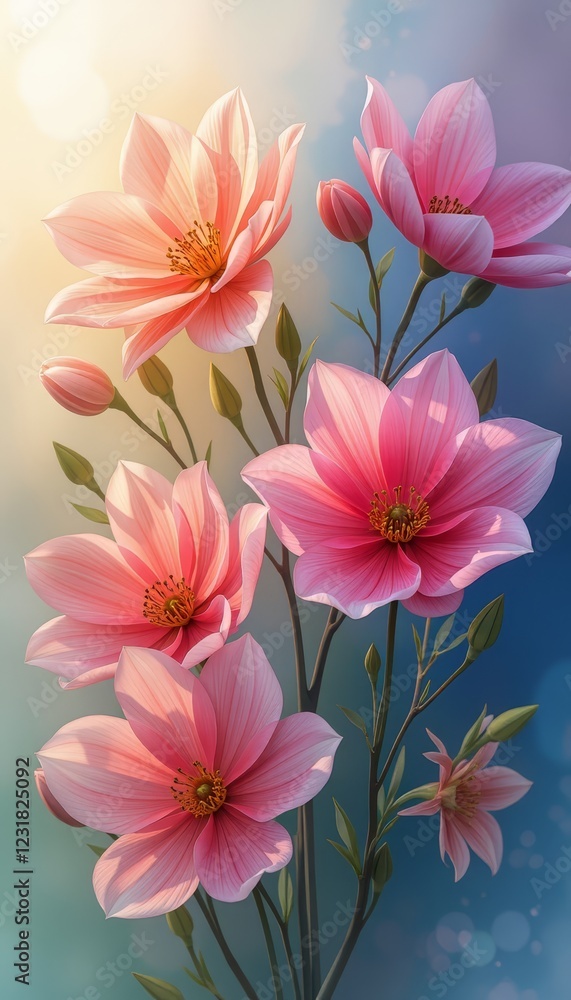 Delicate pink flowers with slender stems and green leaves glowing in soft sunlight Delicate pink flowers with slender stems and green leaves glowing in soft sunlight