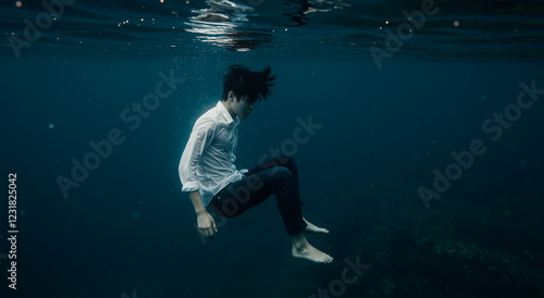 Wallpaper Mural Asian man, underwater and floating for water, diving and activity. Male person, ocean and deep for swimming, nature and dark Torontodigital.ca