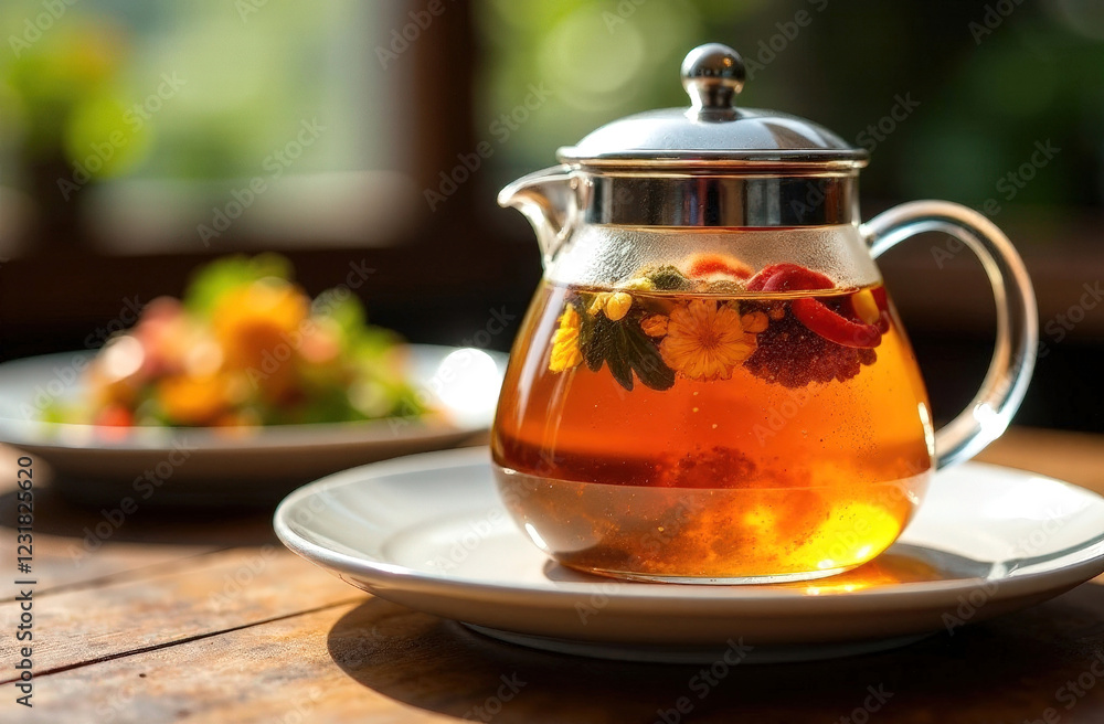 A glass teapot with tea stands on a wooden table. A glass teapot with tea stands on a wooden table.