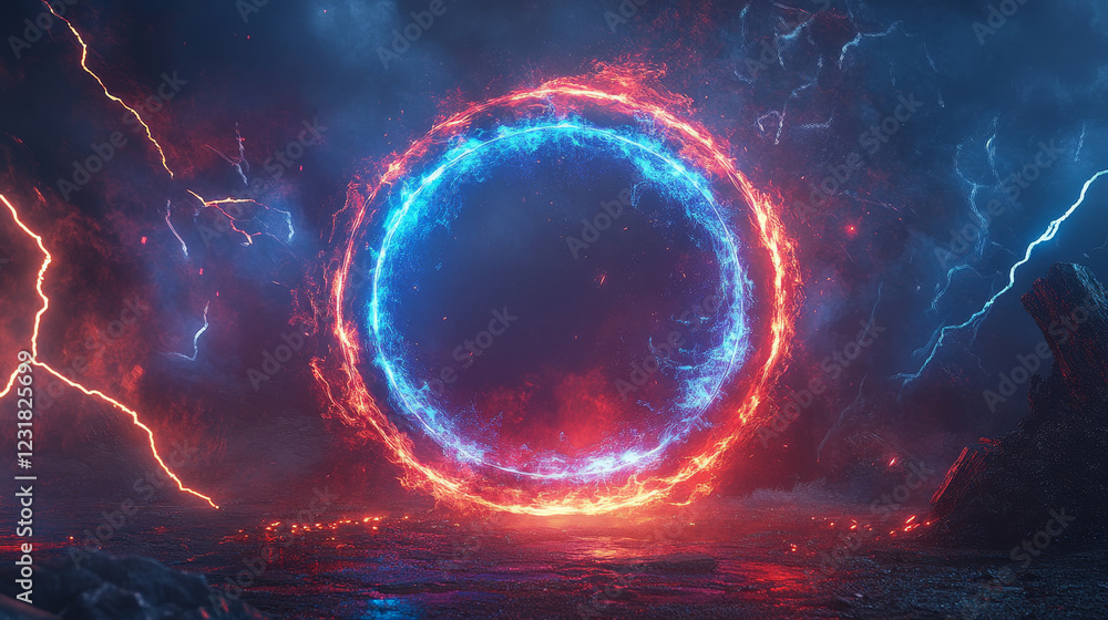 Obraz premium Round energy portal with lightnings. Circle electric frames with neon glow and discharges in angle view. Blue, red and purple electric rings isolated on transparent background, vector realistic set