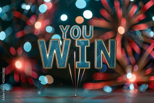 Celebratory 'You Win' sign illuminated by colorful fireworks, creating a festive and joyful atmosphere. you win, Empowered by Winning photo