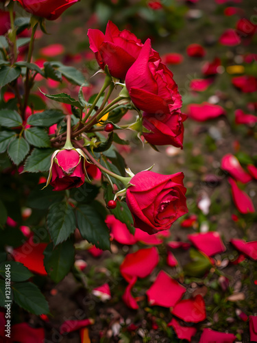 Wilted red roses, petals falling slowly to the ground, symbolizing the sadness and poignancy of lost love. photo