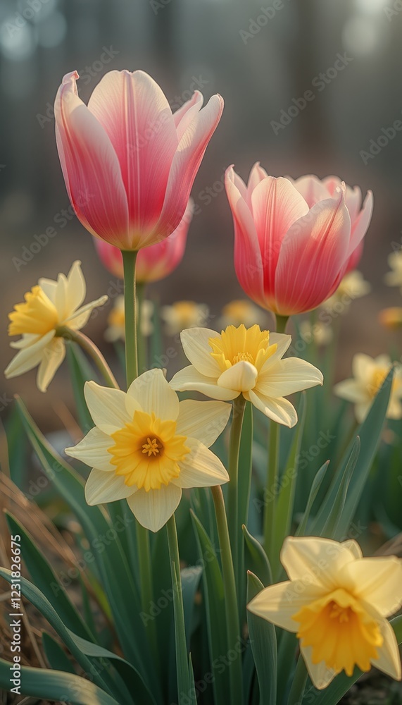 Charming field of pink tulips and yellow daffodils with soft petals and green leaves under the sunlight Charming field of pink tulips and yellow daffodils with soft petals and green leaves under the sunlight