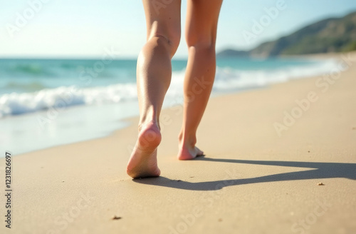 Close-up woman legs walking on sand along seashore. summer vacation concept.