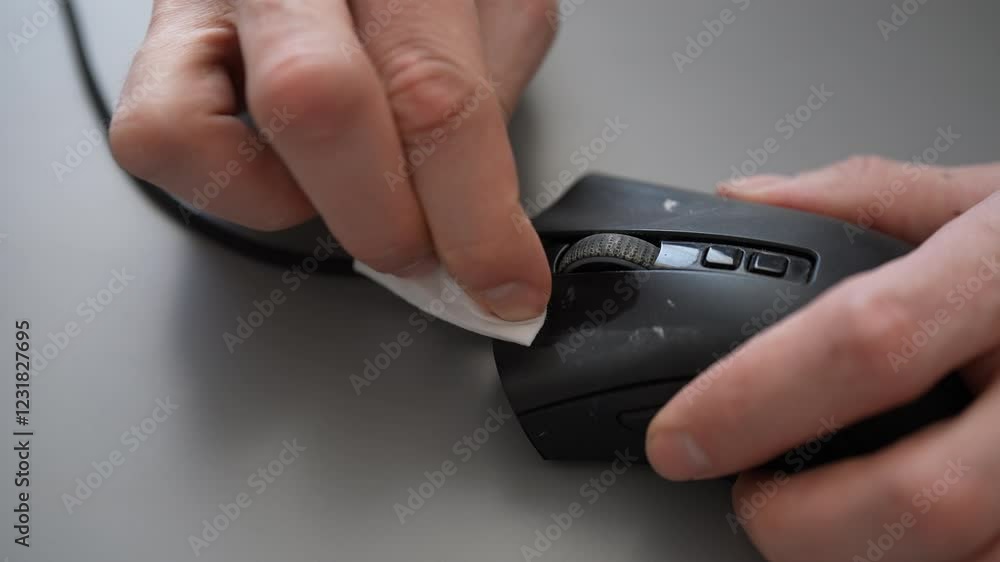 Process professional sanitizing black wired computer mouse with antibacterial wipe, ensuring workplace cleanliness during pandemic health protocols, closeup, unrecognizable person, slow motion. Process professional sanitizing black wired computer mouse with antibacterial wipe, ensuring workplace cleanliness during pandemic health protocols, closeup, unrecognizable person, slow motion.