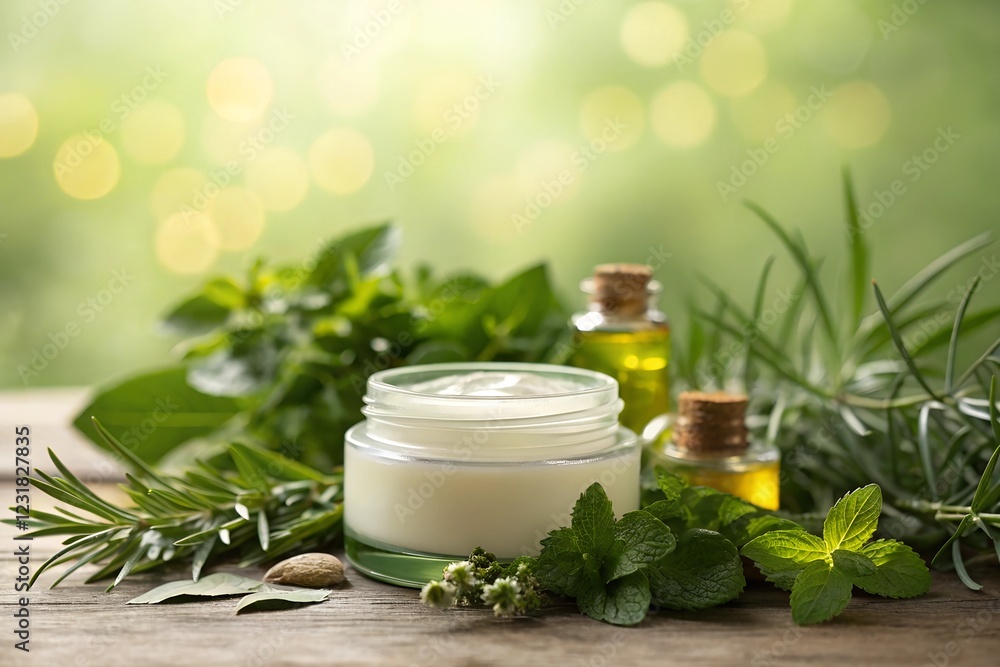 Fresh Ingredients and Creamy Texture in a Glass Jar Surrounded by Herbs and Oils Fresh Ingredients and Creamy Texture in a Glass Jar Surrounded by Herbs and Oils