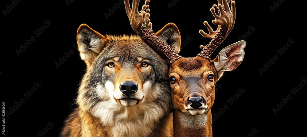 Fototapeta premium Wildlife Portrait, Wolf and Deer with Intertwined Antlers, Isolated on Black Background
