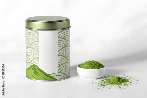 Premium Matcha Tea Packaging Displayed With Fine Green Matcha Powder on a Clean Surface