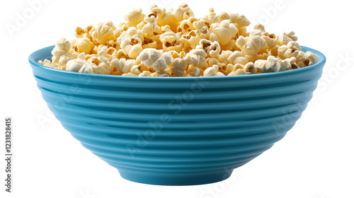 A blue bowl filled with fluffy, freshly popped popcorn, isolated on a transparent background. Great for snack, movie, and food-related visuals.