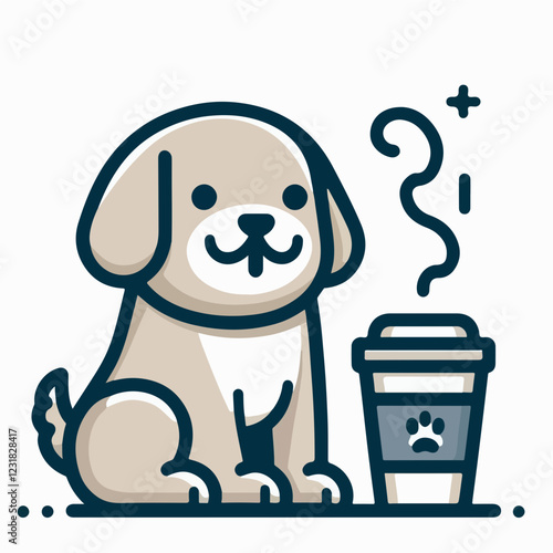 Puppy and Coffee: An adorable cartoon puppy sits patiently beside a steaming cup of coffee, a charming illustration perfect for cafes, pet shops, or websites. 