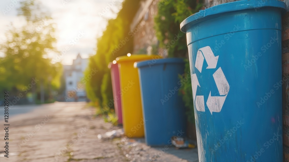 Urban Mural with Recycling Symbol on Colorful Bins Urban Mural with Recycling Symbol on Colorful Bins