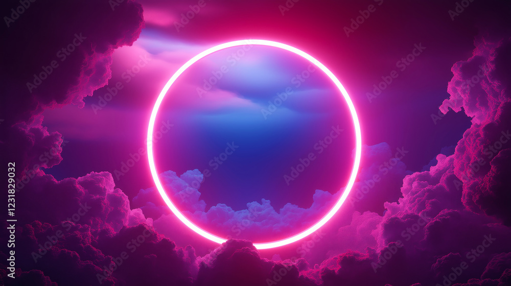 Fototapeta premium Glowing neon circle illuminates vibrant purple clouds, creating a surreal and otherworldly atmosphere in a fantasy sky