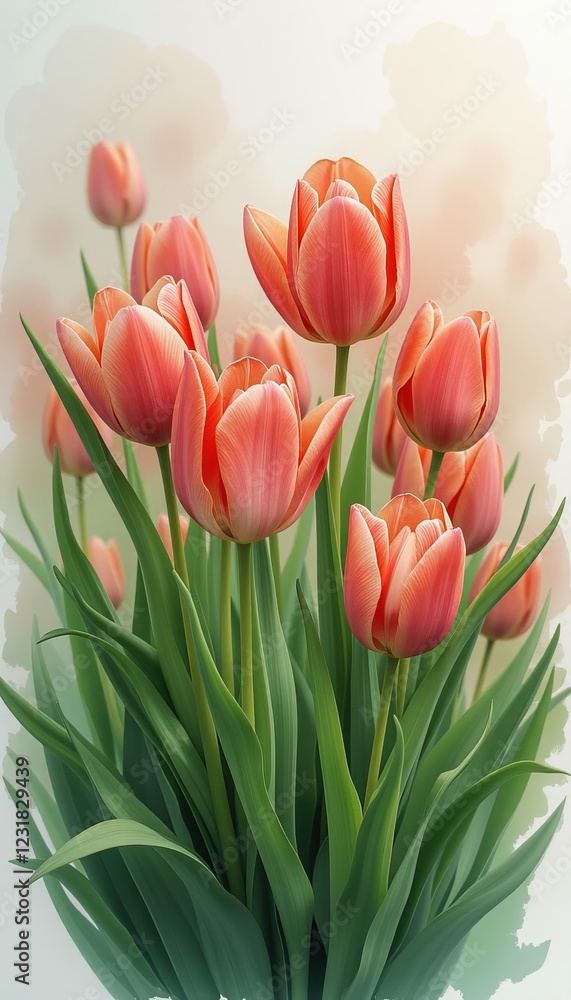 Beautiful vibrant orange tulips in full bloom with lush green leaves in a soft pastel background perfect for spring and garden-themed designs Beautiful vibrant orange tulips in full bloom with lush green leaves in a soft pastel background perfect for spring and garden-themed designs