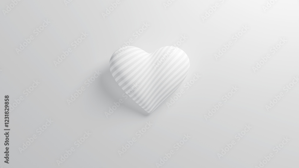 White striped heart with soft shadow on a white background. Valentine's day romantic backdrop. 3d render illustration.
