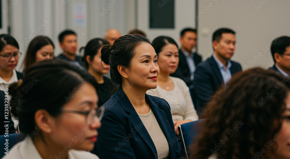 Audience, Asian women and conference in hall with crowd for meeting, seminar and education. Group, presentation and people with learning, attending and listening at event Audience, Asian women and conference in hall with crowd for meeting, seminar and education. Group, presentation and people with learning, attending and listening at event