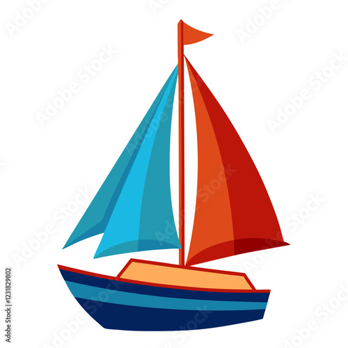 A vibrant sailing boat features blue and red sails, set against a stark white background. This design captures the essence of adventure and exploration on the sea