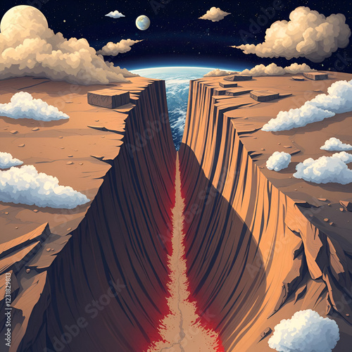 The colossal geological rift divides continents, reshaping earth's landmasses in a monumental display of tectonic forces. Tectonic. Illustration photo