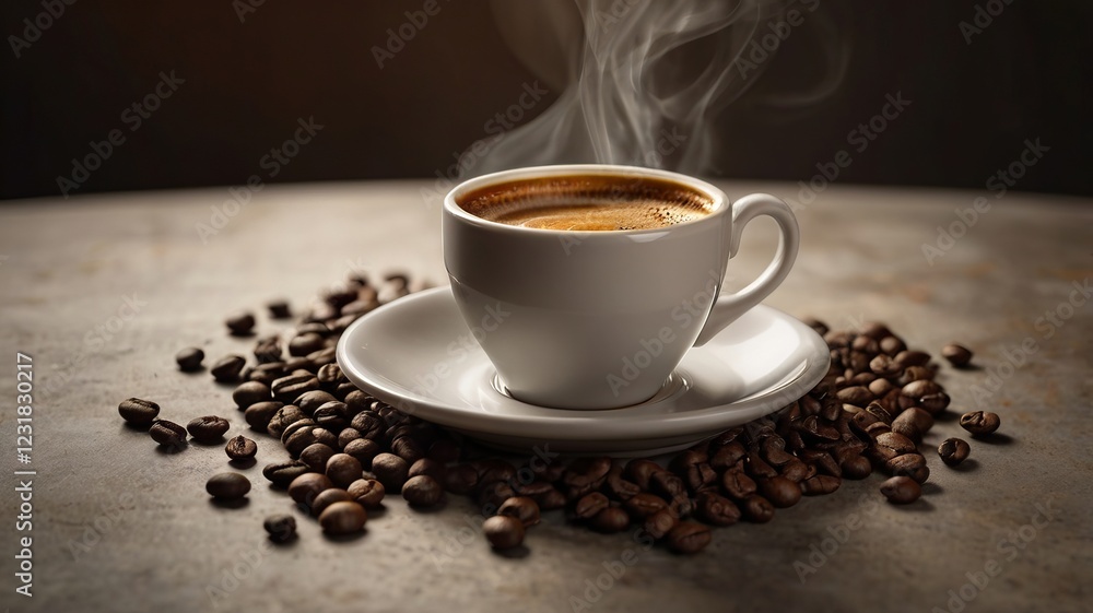 Fototapeta premium Rich Espresso with Thick Crema Steaming on White Table – Coffee Perfection