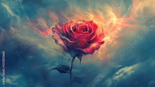 Fiery Rose Blooms Amidst Celestial Cloudscape photo