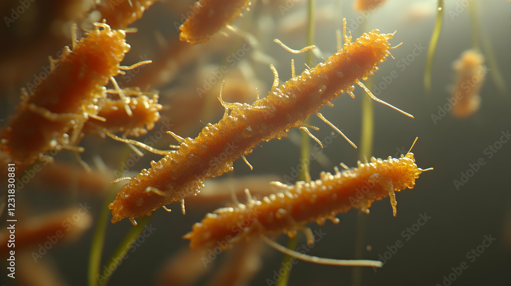 Fototapeta premium Microscopic bacteria, floating, dark background, science research