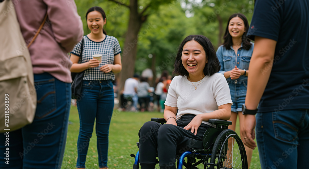 Woman, Asian and wheelchair in park with friends for support, happiness and inclusion. Disability, group and people with conversation, community and diversity at outdoor Woman, Asian and wheelchair in park with friends for support, happiness and inclusion. Disability, group and people with conversation, community and diversity at outdoor