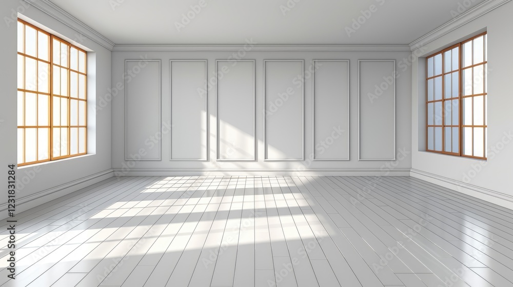 Bright, minimalist room with white walls and natural light streaming through large windows Bright, minimalist room with white walls and natural light streaming through large windows