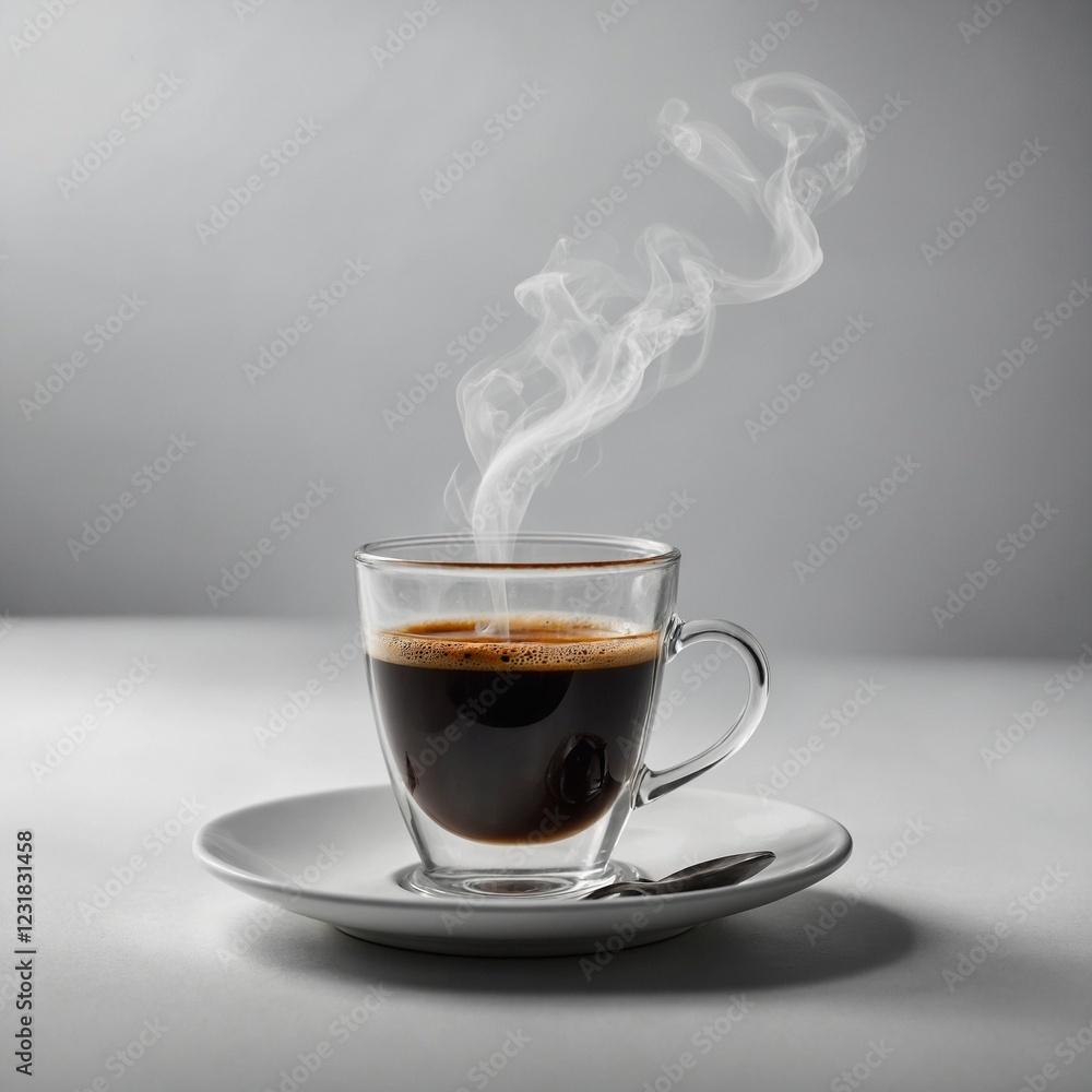 A steaming cup of espresso on a pristine white background, minimalist and elegant. A steaming cup of espresso on a pristine white background, minimalist and elegant.