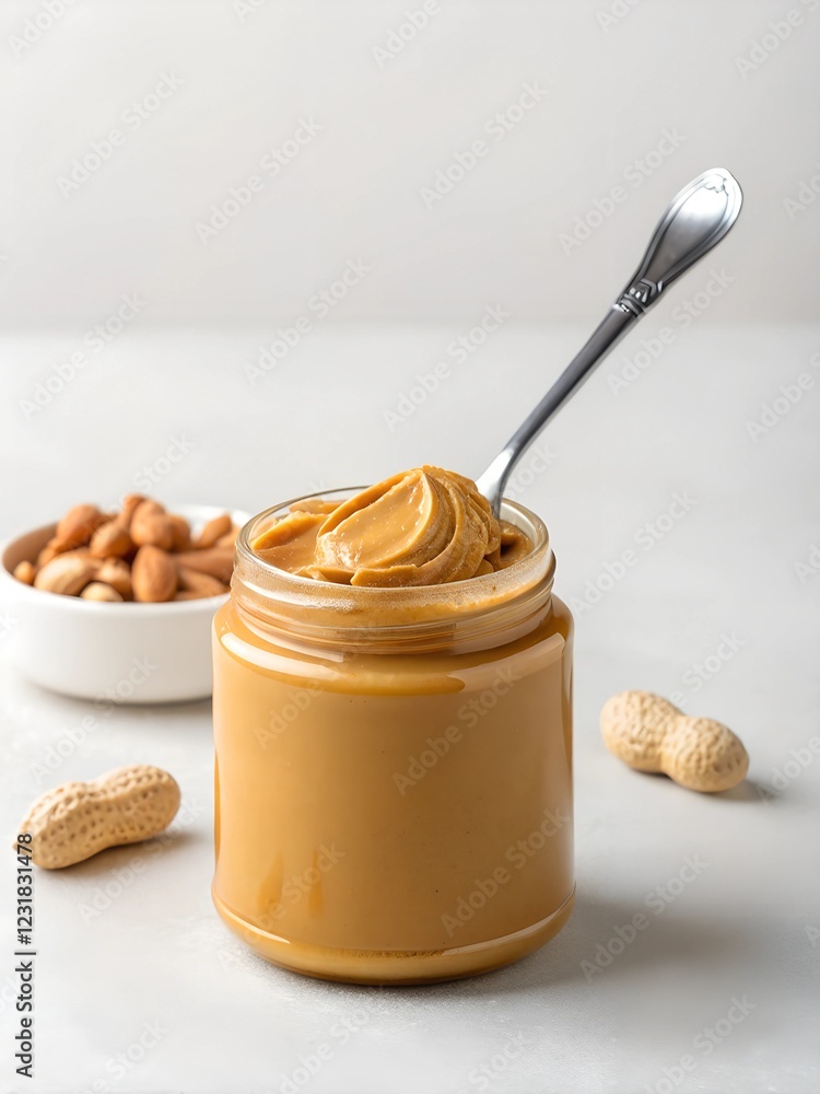 Peanut Butter Jar With Creamy Scoop Ready for Spreading on a Snack Peanut Butter Jar With Creamy Scoop Ready for Spreading on a Snack