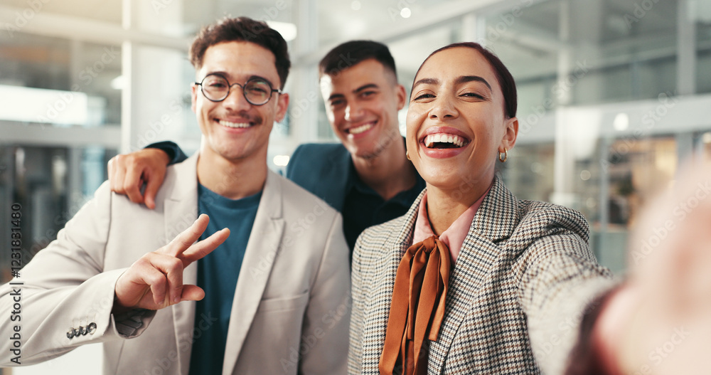 © peopleimages.com - Laughing, peace sign and selfie of business people in office together for social media profile picture. Corporate, funny and portrait of happy employee friends at work for memory or photograph © peopleimages.com - Laughing, peace sign and selfie of business people in office together for social media profile picture. Corporate, funny and portrait of happy employee friends at work for memory or photograph
