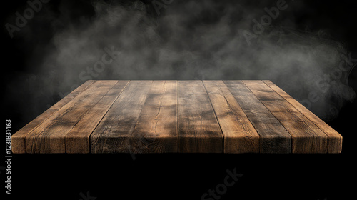 Fototapeta Naklejka Na Ścianę i Meble -  Wooden rustic table top on black background with smoke effect. Realistic 3d vector illustration of front perspective view on desk tabletop with brown wood texture surface for products display.