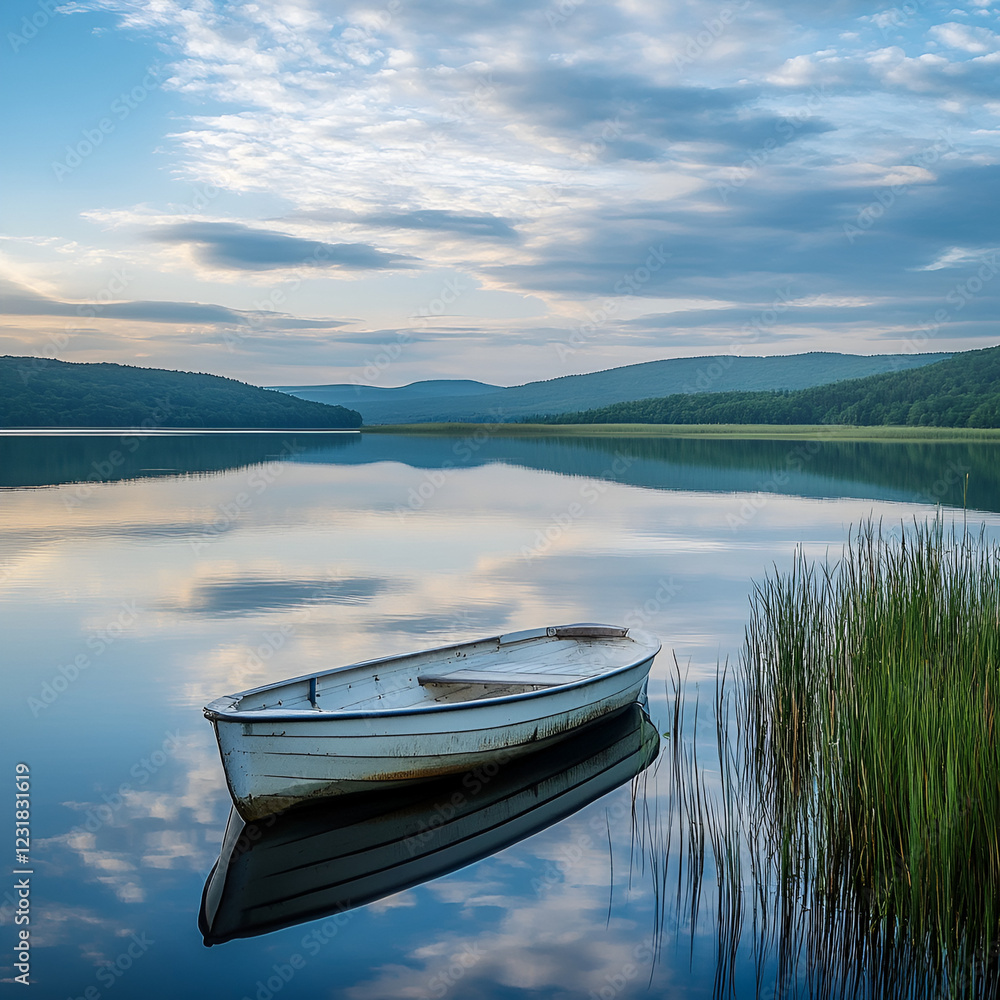 Fototapeta Serene Lake Scene: A solitary rowboat peacefully floats on the tranquil waters of a lake, reflecting the serene beauty of the surrounding mountains and cloudy sky.