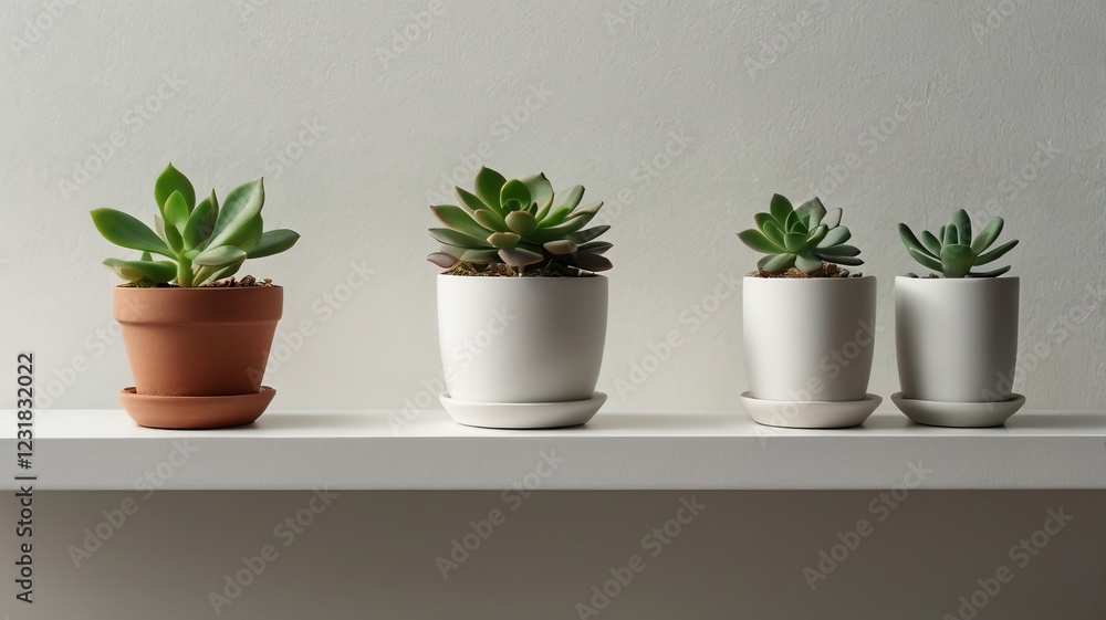 Fototapeta premium Simple Potted Succulent on a White Shelf – Minimalist Home Decor Style