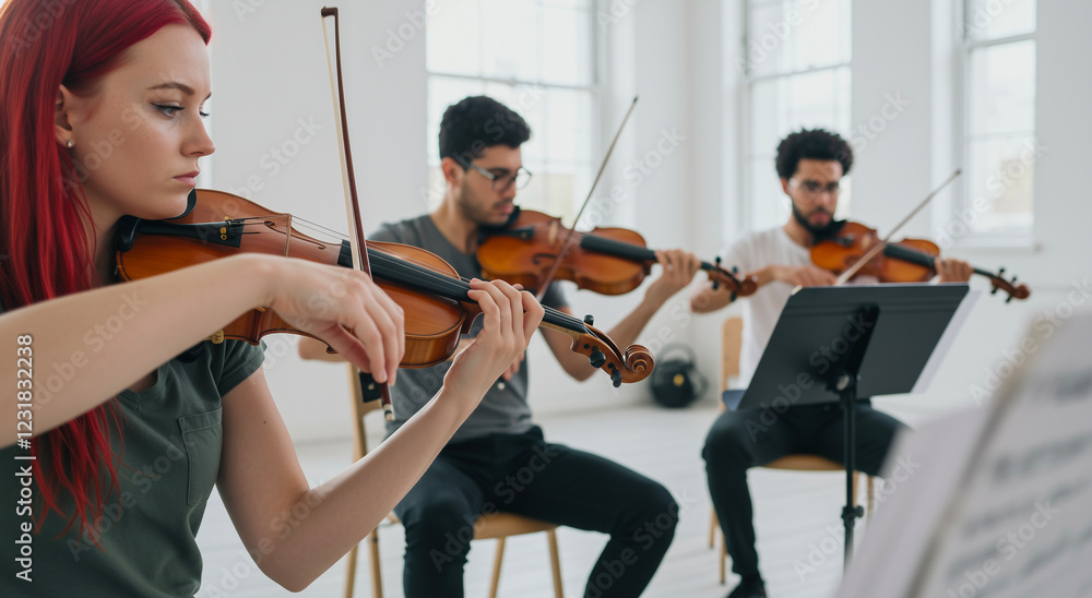 Violin, practice and music with diverse people playing instrument, ensemble and rehearsal. Musical training, culture and student learning with performance, artistic passion and practice Violin, practice and music with diverse people playing instrument, ensemble and rehearsal. Musical training, culture and student learning with performance, artistic passion and practice