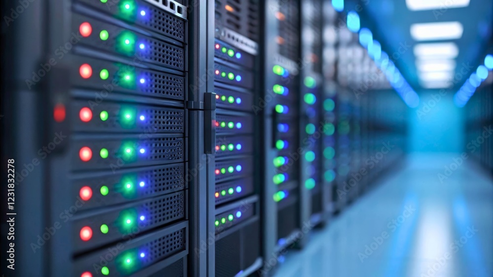 High-Tech Data Center with Illuminated Server Racks Displays Efficient Operations High-Tech Data Center with Illuminated Server Racks Displays Efficient Operations