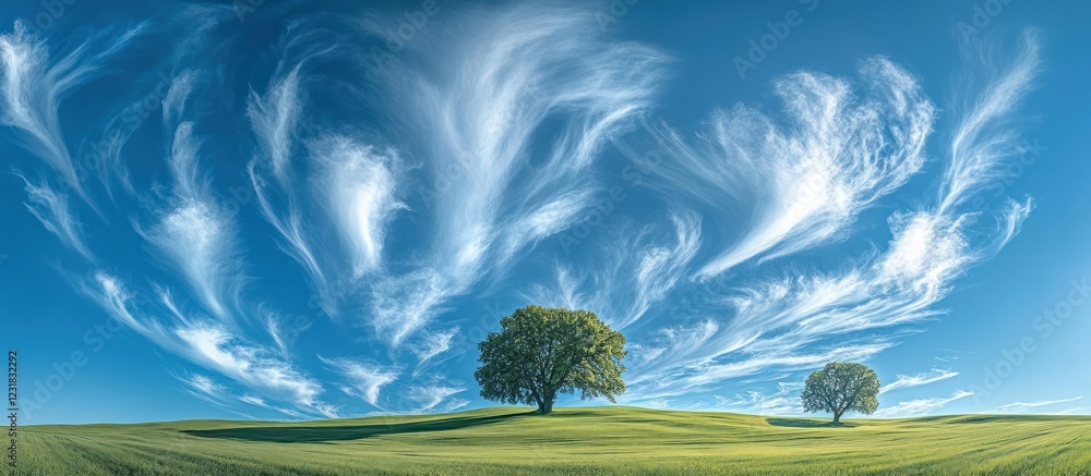 Fototapeta premium Serene field, two trees, swirling cloudscape, nature scene