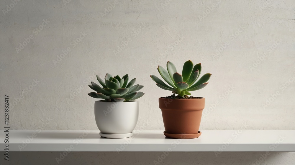 Obraz premium Simple Potted Succulent on a White Shelf – Minimalist Home Decor Style